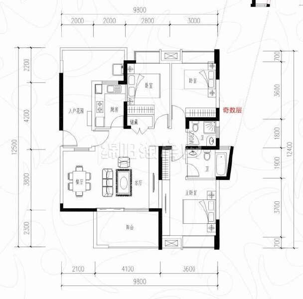 T户型 三室二厅二卫 125平米户型图