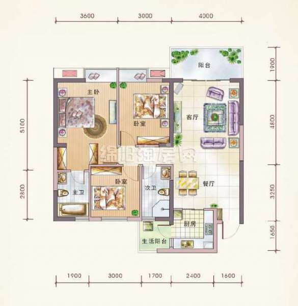 C1'户型 3室2厅2卫 108.54平米 实得122.94平米户型图