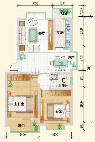 a 2室2厅1卫  88.08㎡户型图
