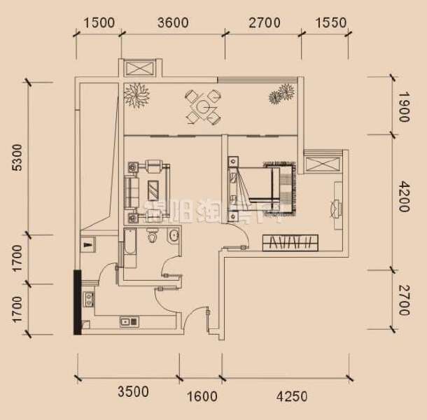 b 1室半1厅1卫  58.7㎡户型图