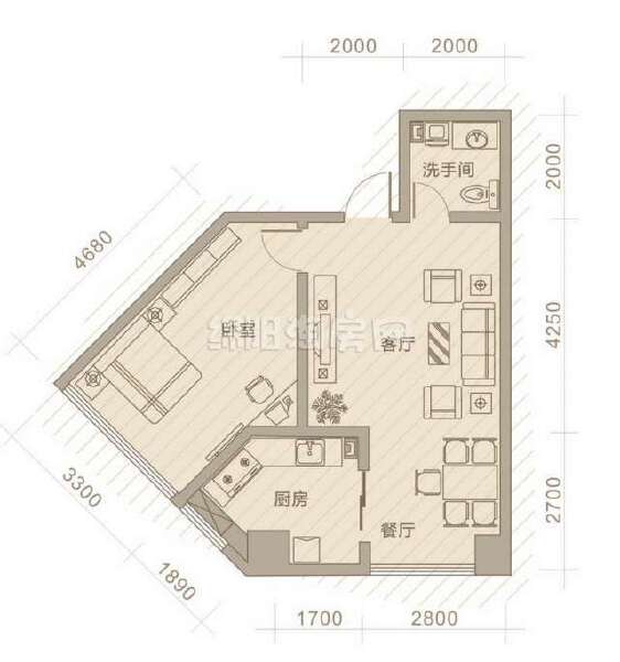 A6 1室2厅1卫  68.43㎡户型图