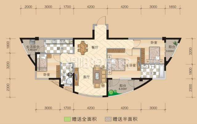 a1 3室2厅2卫  122.04㎡户型图