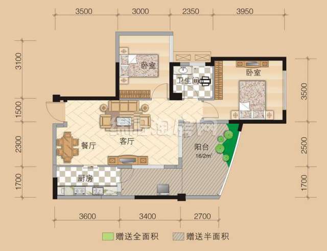 a3 2室2厅1卫  86.74㎡户型图