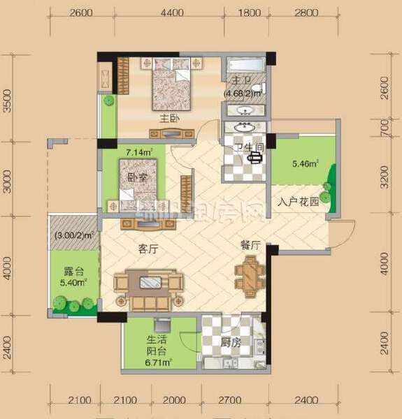 b2-4 2室2厅2卫 83.8㎡户型图