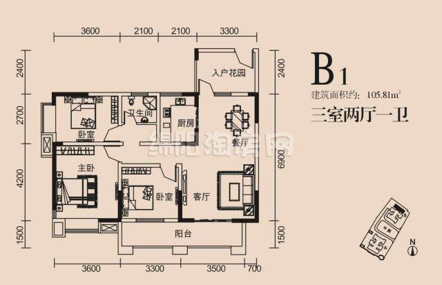 b1 3室2厅1卫105.81㎡户型图