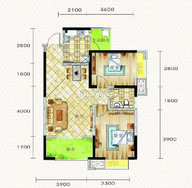 F' 两室两厅一卫 75.94㎡户型图