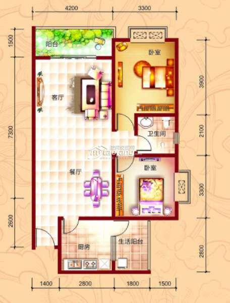 A4 两室两厅一卫 90.34㎡户型图