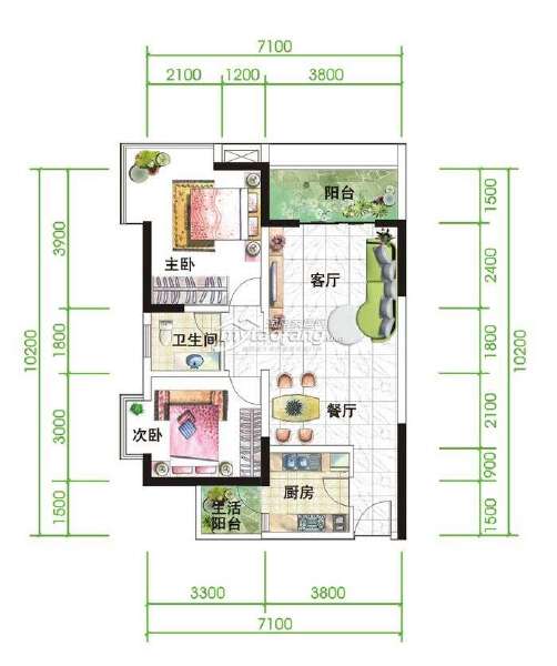 A 两室两厅一卫 84.45㎡户型图
