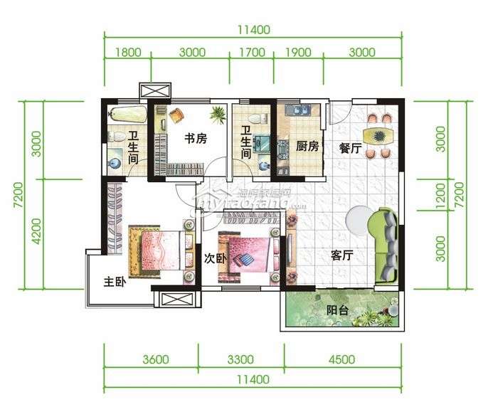 C 三室两厅两卫 107.32㎡户型图