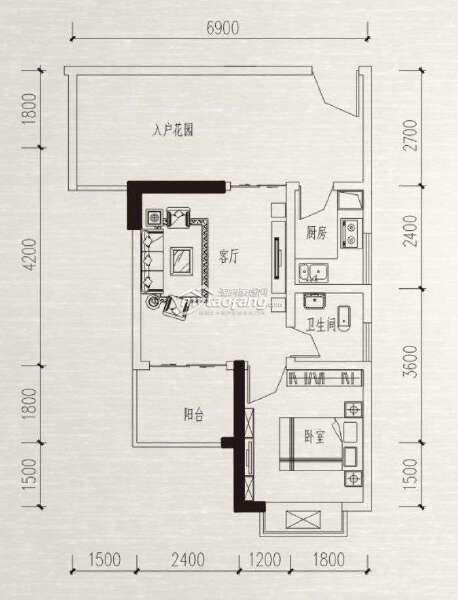 B 一室两厅一卫 52.63㎡户型图