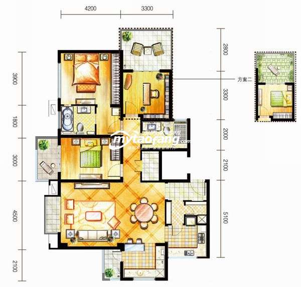 F2三室两厅两卫 约130㎡户型图