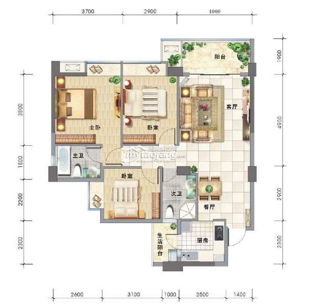 B3 3室2厅2卫 102.68㎡户型图