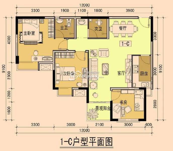 1—C 三室两厅两卫 97.70㎡户型图