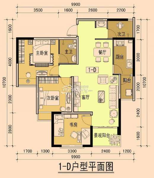 1—D 三室两厅两卫 93.98㎡户型图