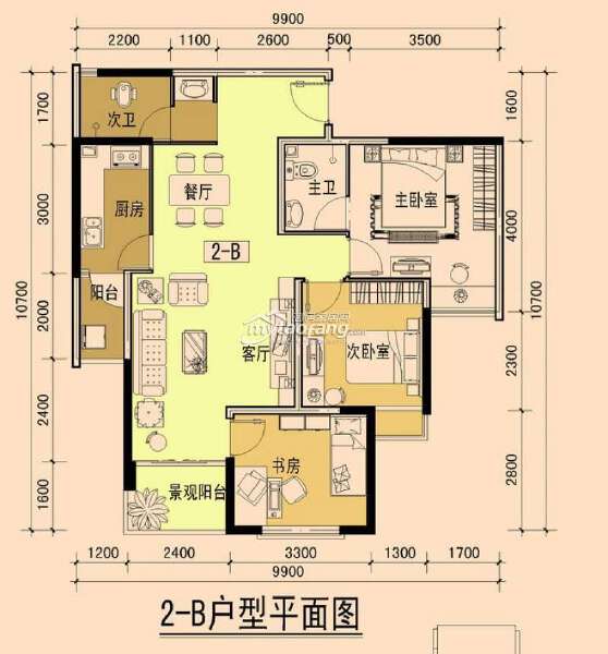 2—B 三室两厅两卫 96.11㎡户型图