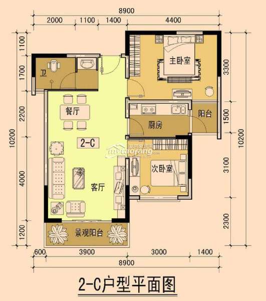 2—C 两室两厅一卫 77.01㎡户型图