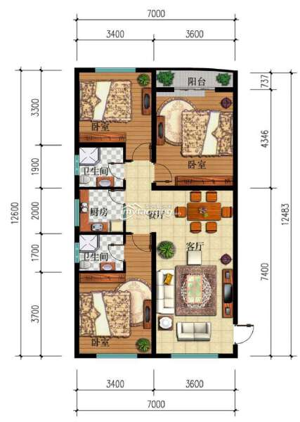1-A1 三室两厅两卫 87.79㎡户型图