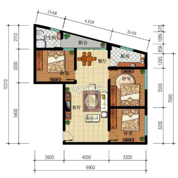 1—A2 三室两厅一卫 86.97㎡户型图