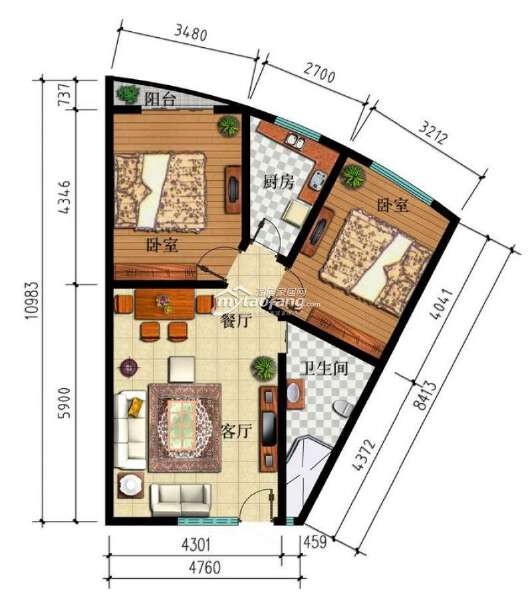 1—B1 两室两厅一卫 77.72㎡户型图