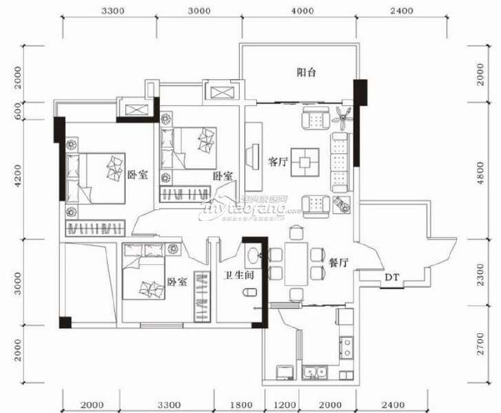 D2 3房2厅1卫 100.74㎡户型图