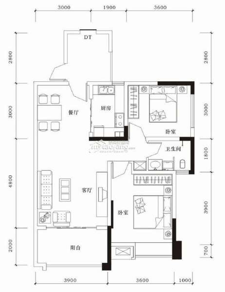F2 2房2厅1卫 85.68㎡户型图