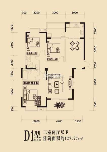 三室两厅双卫127.97平户型图