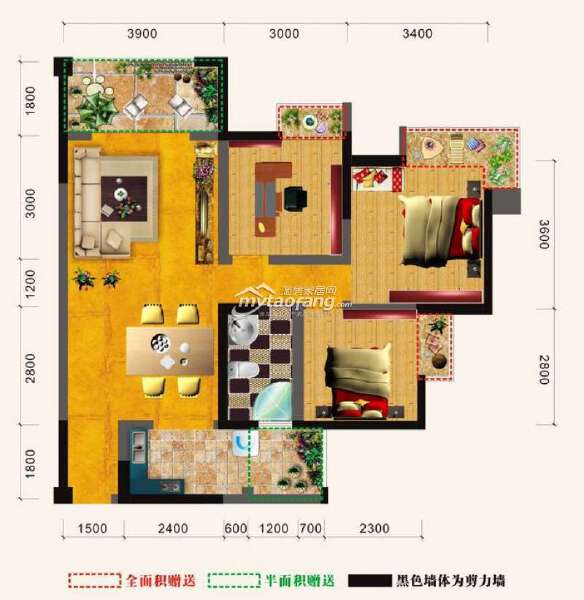 B3户型三室一厅一卫93.5㎡户型图