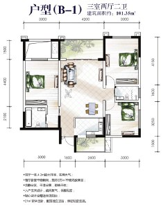 B1户型三室两厅两卫101.35㎡