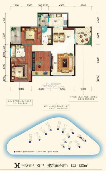 M 三室两厅双卫 122-123㎡户型图