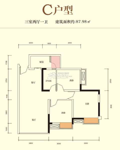3期C 3室2厅1卫 87.98㎡户型图