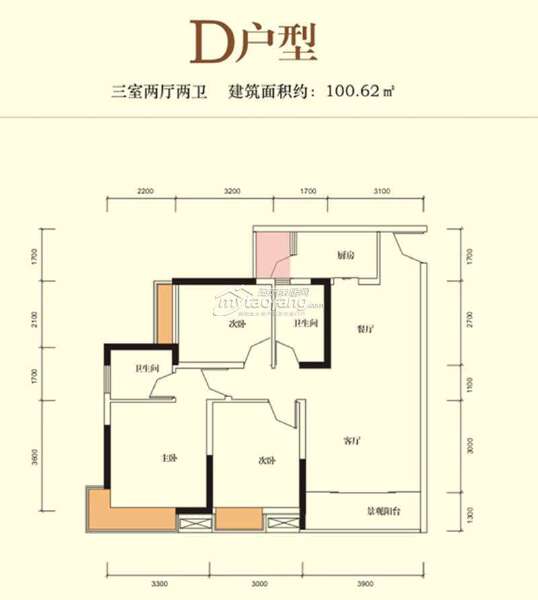 3期D 3室2廳2衛(wèi) 100.62㎡戶型圖