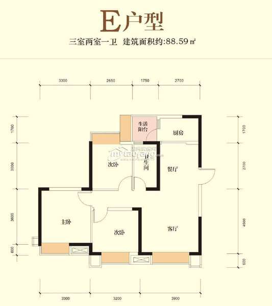 3期E 3室2廳1衛(wèi) 88.59㎡戶型圖