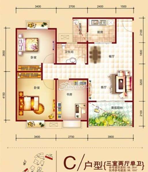 C 三室两厅一卫 88.26㎡户型图