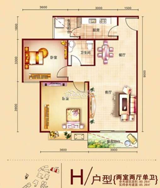 H 两室两厅一卫 80.26㎡户型图