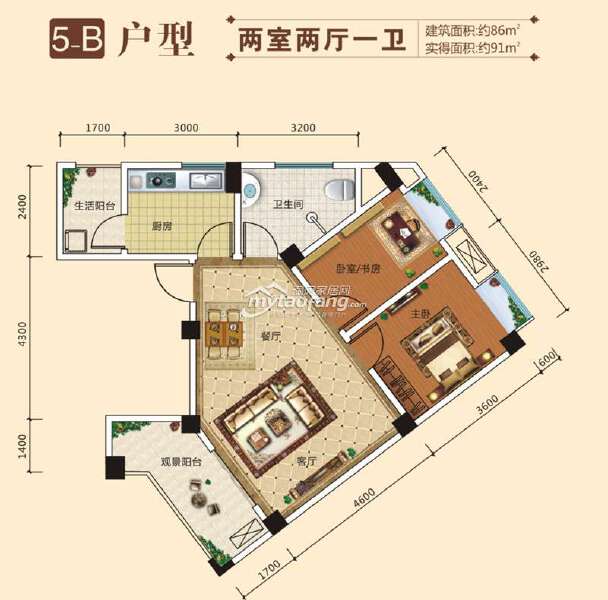 5-B 兩室兩廳一衛(wèi) 86㎡戶型圖