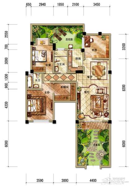 E1 三室两厅两卫＋前后庭院 113㎡户型图