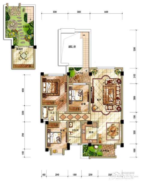 F2 三室两厅两卫＋地面私家花园 127㎡户型图