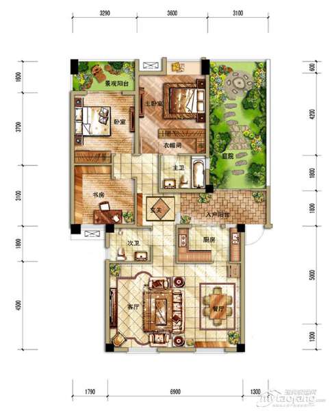 G1 三室两厅两卫＋超大庭院 109㎡户型图