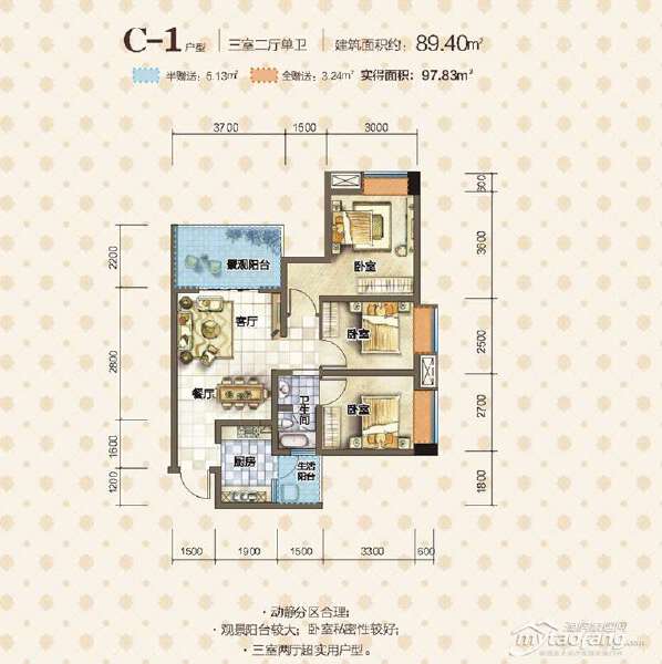 C1 三室两厅一卫 89.4㎡户型图