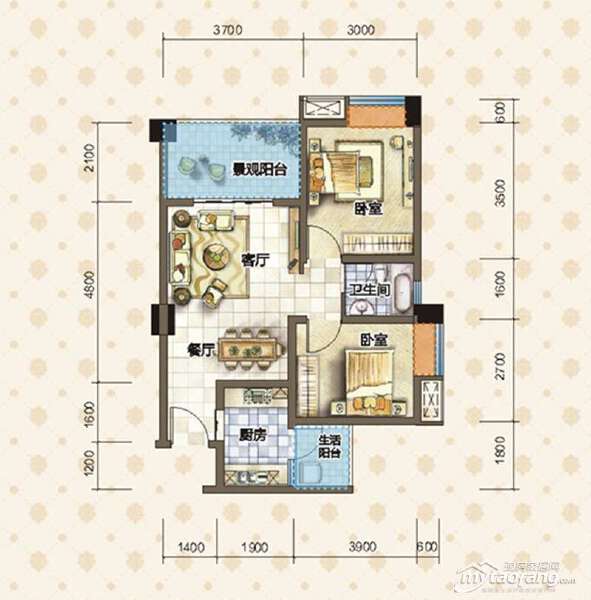 A1 两室两厅一卫 67.65㎡户型图
