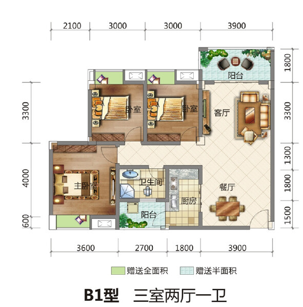 B1 三室两厅一卫 102.07㎡户型图