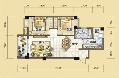 F3 两室两厅单卫 83.55㎡