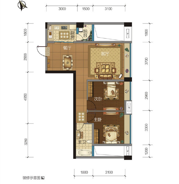 两室两厅一卫 80㎡户型图