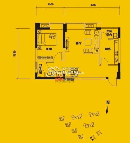 S1 一室两厅一卫 61.15㎡户型图