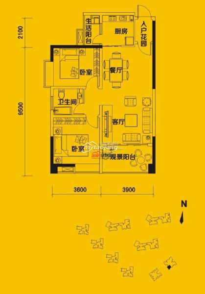 R3 两室两厅一卫 87.57㎡户型图