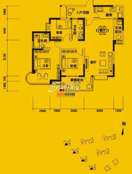 N3’偶数层三室两厅两卫126.46㎡户型图