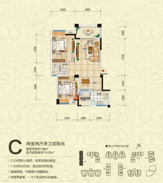 C两室两厅单卫双阳台户型图