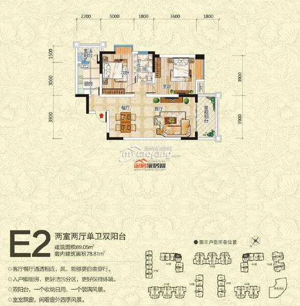 E2两室两厅单卫双阳台户型图