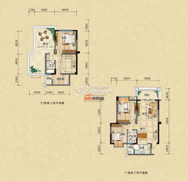 F1三室两厅双卫四阳台户型图