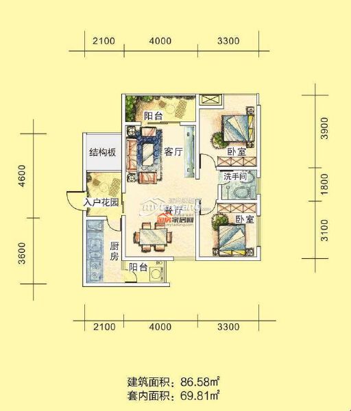 A 2室2厅1卫 86.58㎡户型图